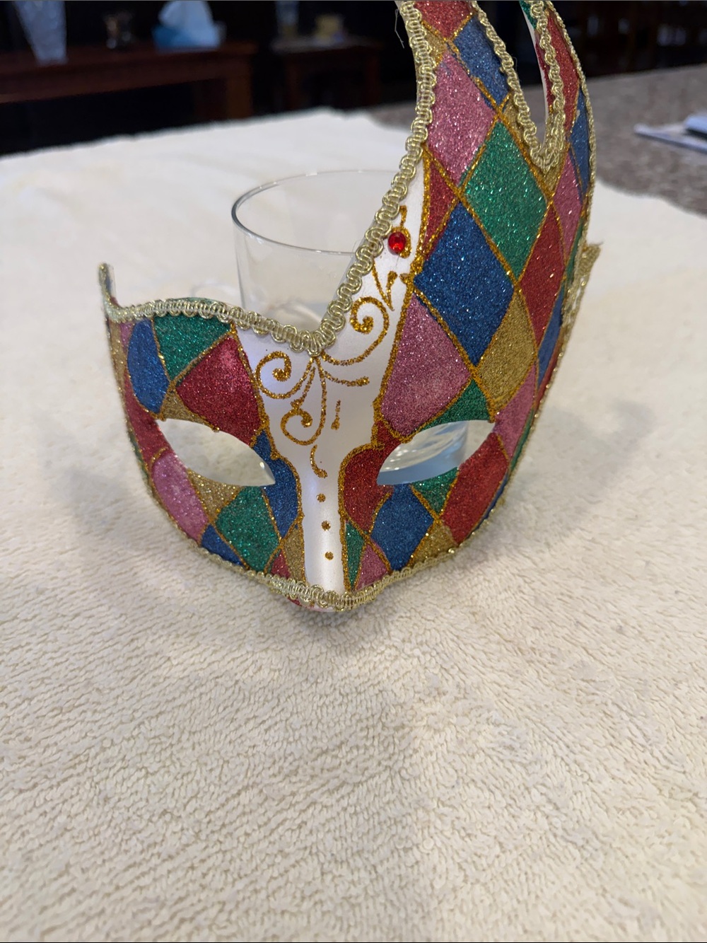 Multicolor Glitter Harlequin Masquerade Mask with Gold Trim